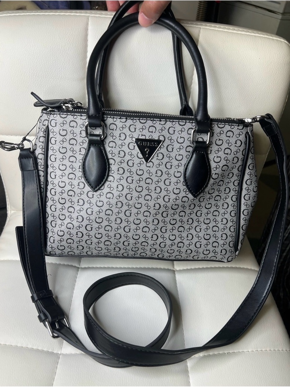 Guess Black & White Logo Print Satchel with Detachable Strap